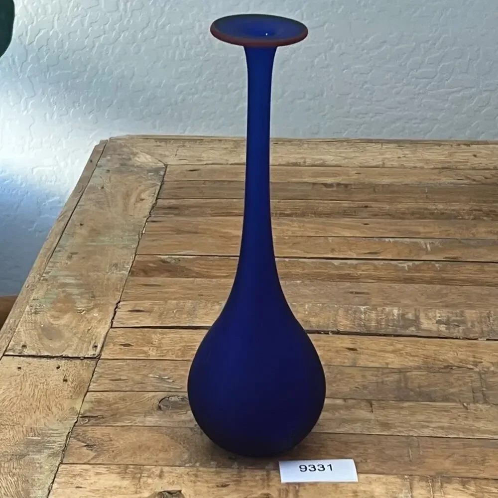 Moretti Style Satin Art Glass Blue Onion Vase 12.25